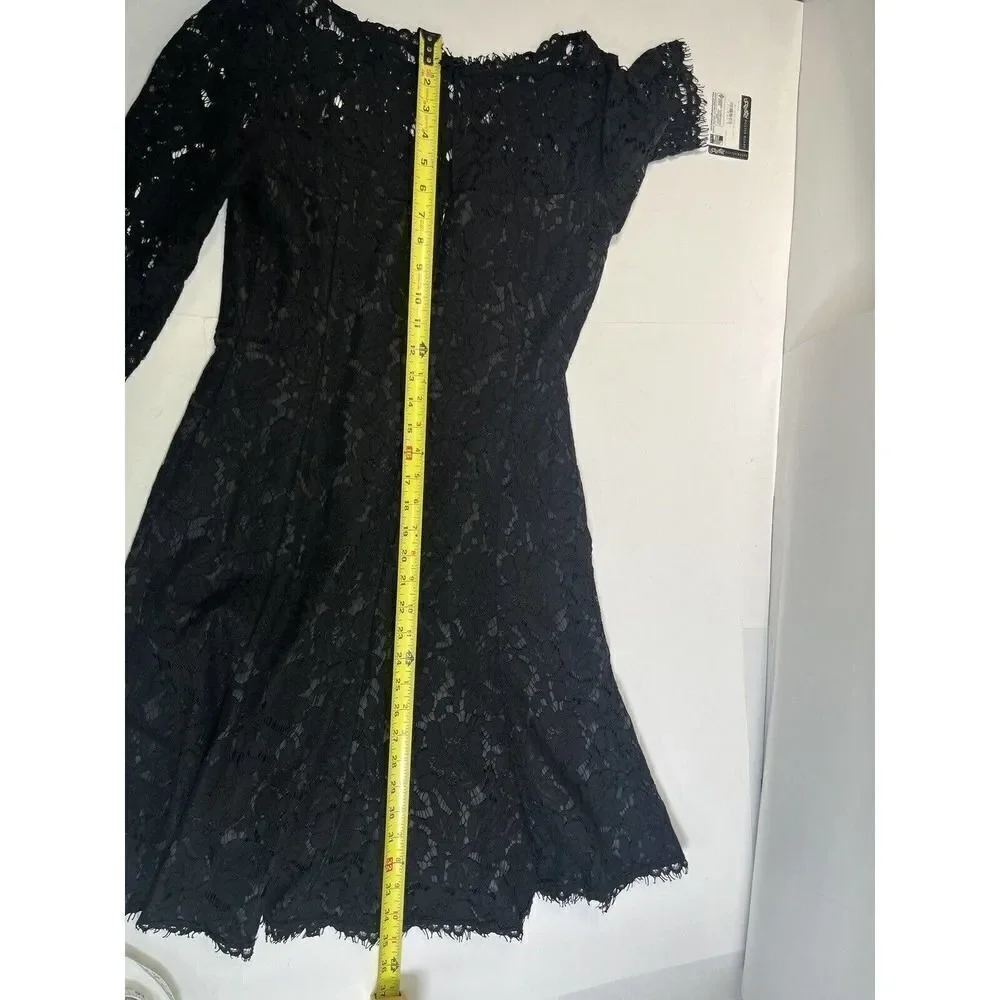 Eliza J Womens Size 4 Black Lace‎ Dress Sheer 3/4 Sleeve A-Line Fit Flare Lined